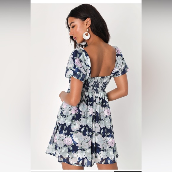 Fresh Florals Navy Blue Floral Print Puff Sleeve Mini Dress - Picture 2 of 5